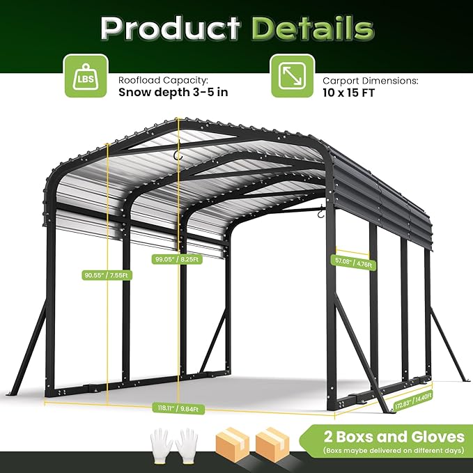 Heavy Duty Metal Carport Canopy, 10x15 FT Outdoor Car Port with Waterpoorf Metal Roof& Side Support Rods, Multi-Use Shelter Outdoor Garage for Car, Boats and Truck