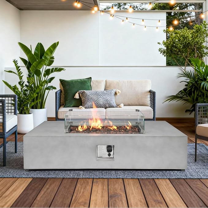 2-Piece 54" Outdoor Propane Fire Pit Table Set, 50,000 BTU Rectangle Concrete Gas Fire Pit Coffee Table W Glass Wind Guard, Lava Rocks, Waterproof Cover for Patio, Backyard, Garden, Porch, Deck