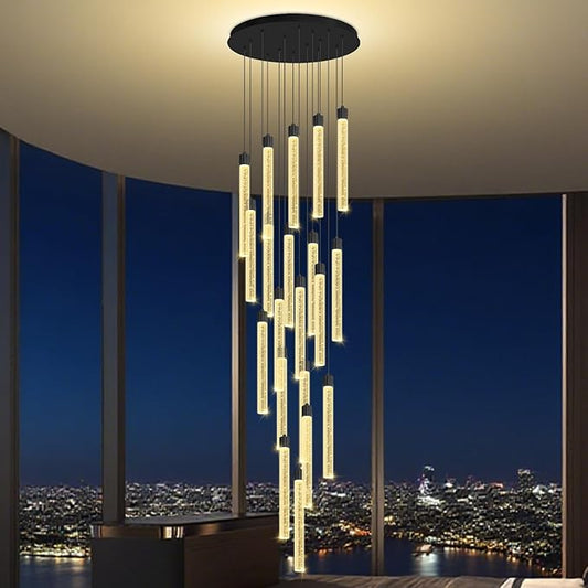 138'' Long Crystal Column Chandelier Extra Large Black Staircase High Ceiling Chandelier 20-Lights Dimmable Led Pendant Lighting Foyer Entryway Light Source is Replaceable