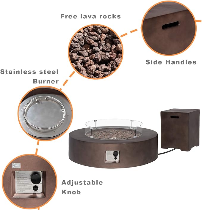 COSIEST 2-Piece Outdoor Propane Firepit Table Set w Tank Table, 42 inch Dark Fire Table Certified, 50,000 BTU w Bronze Round Base,Wind Guard and 16 inches Tank Side Table 20lb for Garden,Pool