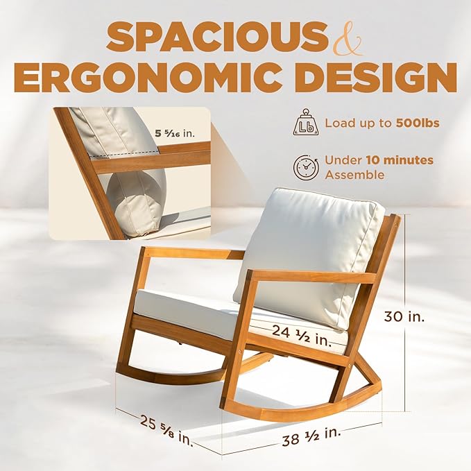 IDZO Club Rocking Chair 500lbs Capacity with Inclined Backrest, Thick Foam Cushion, Solid Acacia Wood Rocker for Patio, Backyard, Balcony, Porch