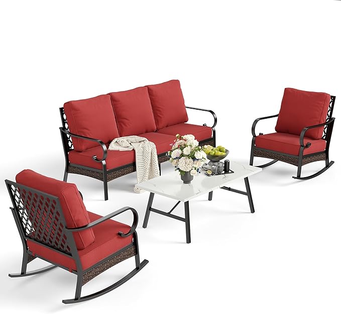 4 PCS Metal Outdoor Patio Furniture Set, Patio Conversation Sets 3-Seater Sofa, 2 Rocking Chairs with 5.75" Extra Thick Cushion & Coffee Table, Black Frame Backyard Furniture, Rust Red