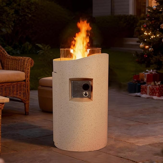 Outdoor Cylinder Propane Fire Pit Table – Premium Terrazzo-Like MgO Finish, Sturdy & Waterproof Gas Fire Table with Glass Wind Guard for Patio, Garden & Backyard, Includes Rain Cover & Glass Bead