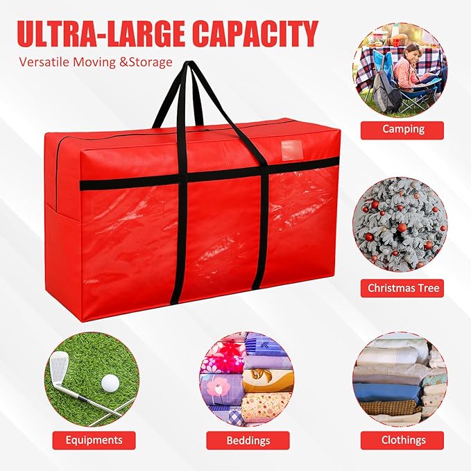 Windyun 4 Pack 69 Gallon Extra Large Storage Bags XXL Moving Bags with Zipper Handles Heavy Duty Jumbo Big Tote Box for Christmas Tree Storage 4, 5, 7.5, 9, 10, 12 ft Skeleton College Dorm(Red)
