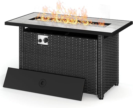 Gizoon 45" Gas Fire Pit Table, Propane Fire Pit with Glass Rocks, Waterproof Cover and Pe Rattan, Outdoor Patio Fire Pits for Backyard, Garden, Party
