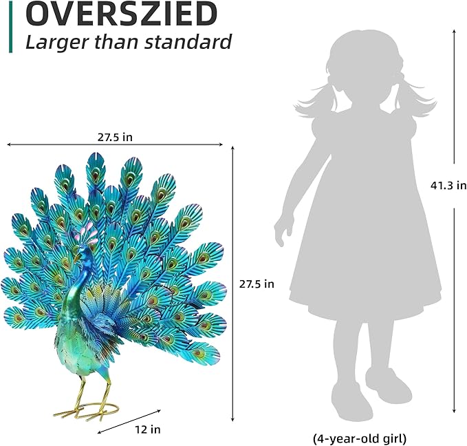 Ultym 27.5in Tall Metal Peacock Garden Statue - Handmade, 3D Textured, Tail Spread Sculptures for Patio, Garden or Entryway.
