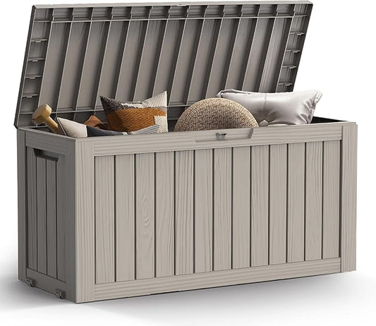 Mars Villa Deck Box, Waterproof Weatherproof and UV Resistant Resin Storage Bin with Lockable Lid, Ideal for, Outdoor, Patio Furniture Cushions, Pool Supplies, Garden Tools (72 Gallon, Light Brown)