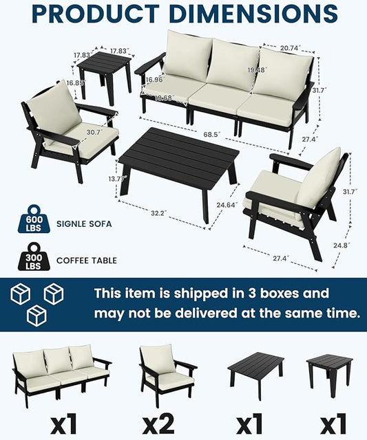 FOOWIN 7-Piece Patio Furniture Set, HDPE All-Weather Outdoor Conversation Set with Thick Cushions, Sectional Patio Sofa Furniture for Deck, Porch, Lawn, Garden, Black Frame & White Cushion