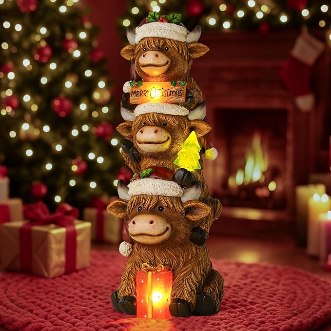 twinbling Christmas Highland Cow Decor with Solar Light Triple Highland Cow Christmas Decorations Gifts for Women Mom Funny Highland Cows Garden Statues for Garden Patio Lawn Yard Decor