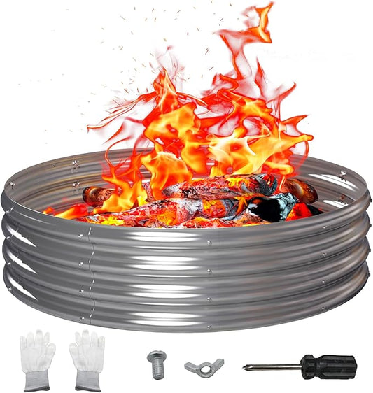 48 Inch Outdoor Fire Pit Ring, Round Galvanized Portable Fire Pit for Camping, Metal Steel Bonfire Fire Ring for Outside, Backyard