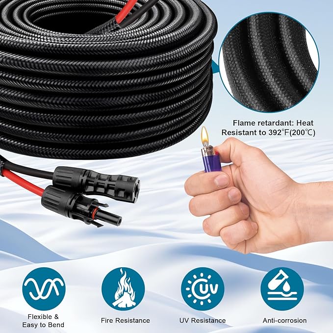 Solar Panel Extension Cable - 8AWG 30FT Solar Wire with Female & Male Waterproof Connector Flame Retardant Protective Sleeving PV Wire for RV, Photovoltaic Systems, Home, Boat, Solar Panels, Car