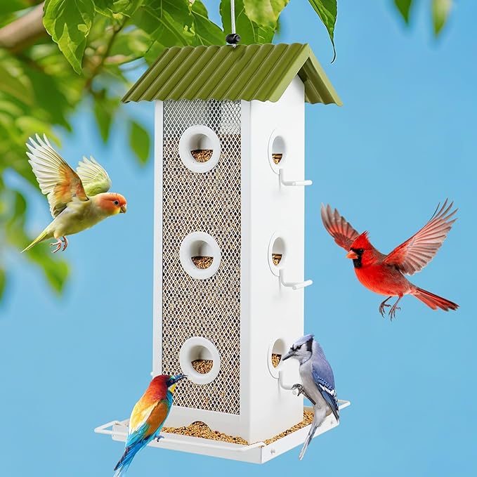 Shineforu All Metal Bird Feeder for Outdoors Hanging | 14-Port Multi-Bird Viewing | Premium Finish, Waterproof & Easy-Clean | Attracts Cardinals, Finches, Chickadees & More (Crisp White & Green)