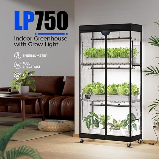 Barrina LP750 Indoor Greenhouse with Grow Light, 105W TX-S35 Full Spectrum Grow Lights, 2FT, 5000K, 4-Tier Plant Shelf with Tent, Timer & Thermometer for Seed Trays, Growth, 29.5 x 13.8 x 59.1IN