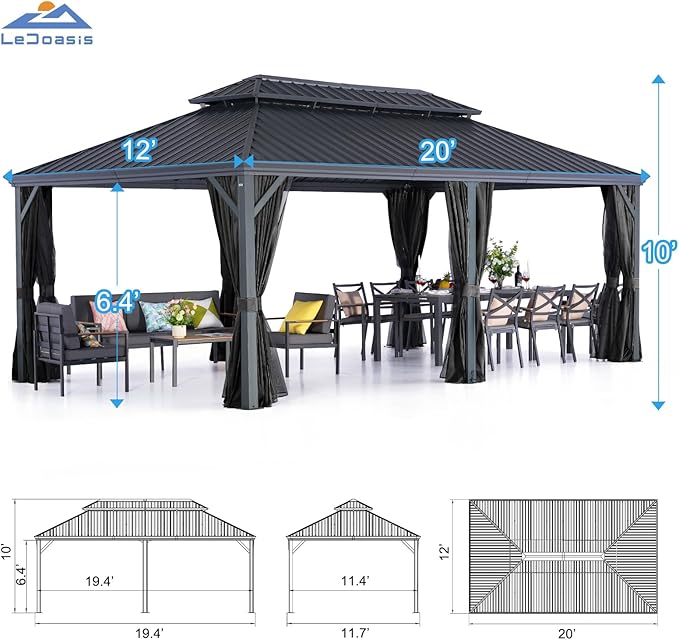 LeDoasis Blazar 12' X 20' Hardtop Gazebo Outdoor with Netting & Curtain, Aluminum Canopy with Permanent Galvanized Steel Double Roof for Patio Lawn and Garden
