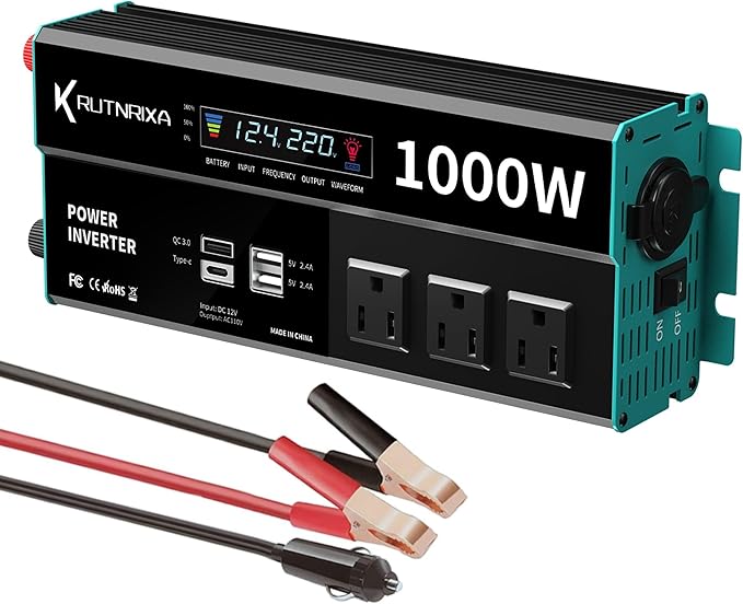 Power Inverters 500W 12V DC to 110V AC Converter for Vehicles USB-C/PD 25W Fast Charging Ports Car Charger Adapter with a Cigarette Lighter Ports Plug Outlet(Modified sine wave-1000W)