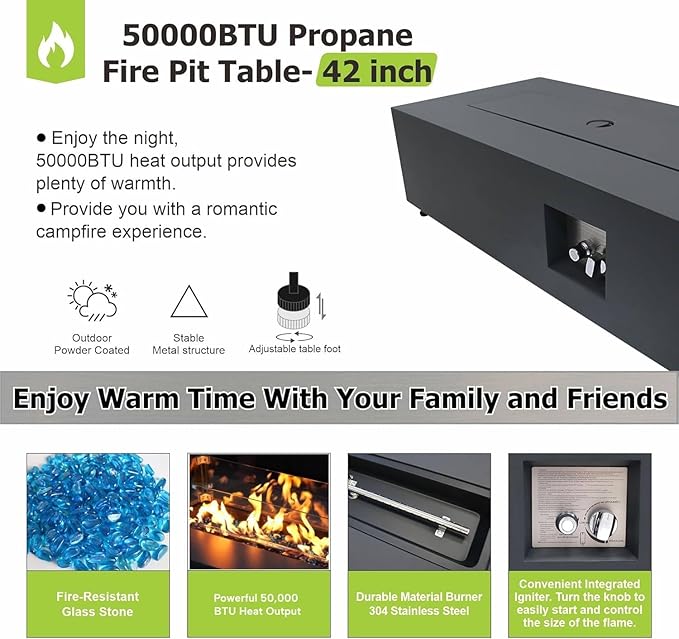Outdoor Fire Pit Table Propane Gas Fire pits &Outdoor Fireplaces 42″ Rectangular Firepit Table, 50,000 BTU Fire Table for Patio Set (Black)
