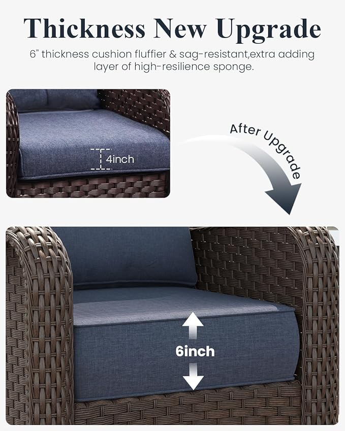 LayinSun 6 Piece Wicker Outdoor Furniture Set with 6-inch Comfy Cushions, High Back Patio Furniture Set with Swivel Rocking Chairs and Side Table