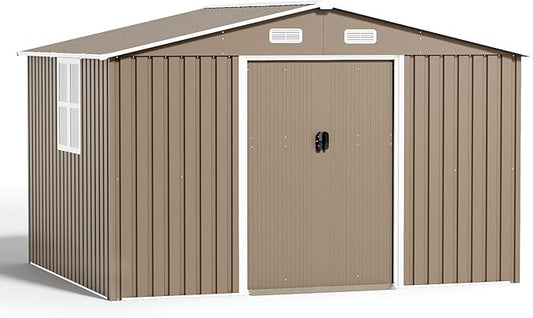 Kurapika 10×8 FT Outdoor Storage Shed Large Metal Tool Shed with Floor, Window and Lockable Door, for Garden, Patio, Backyard, Lawn(Brown)