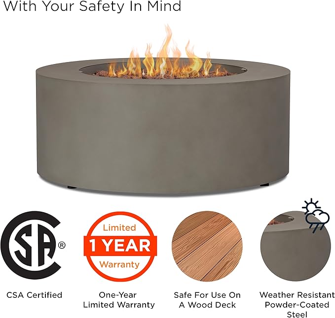 Real Flame Aegean 36" Round Propane or Natural Gas Fire Pit Table, 50,000 BTU, Powder-Coated Steel, Push-Button Ignition, CSA Certified, Lava Rock, Storage Cover, Stainless Steel Burner with Lid