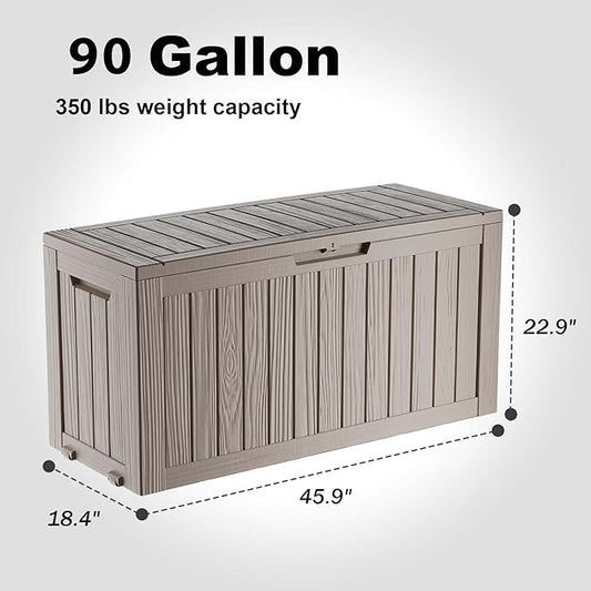 EasyUp 90 Gallon Outdoor Deck Box Waterproof, UV Resistant Resin Outdoor Storage Box for Delivery, Porch, Patio and Garden, Gray