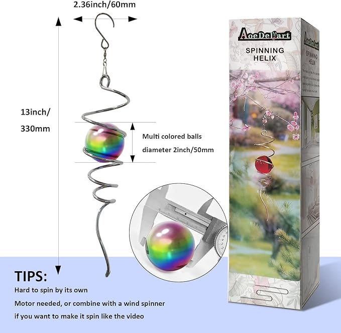 Aoedelyart Multi Color Wind Spinner Tail Gazing Ball Spiral Decorative Wind Sculptures - 13in Height