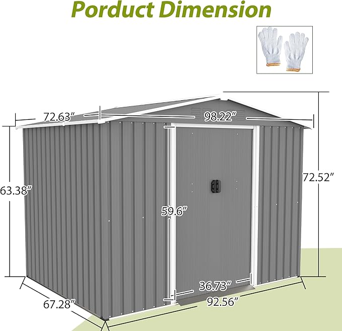8X6 FT Outdoor Storage Shed with Roof,Waterproof House Tool Cabinet W/Metal Foundation & Lockable Doors,for Shovels,Umbrellas,Antennas,Escalators,Gray