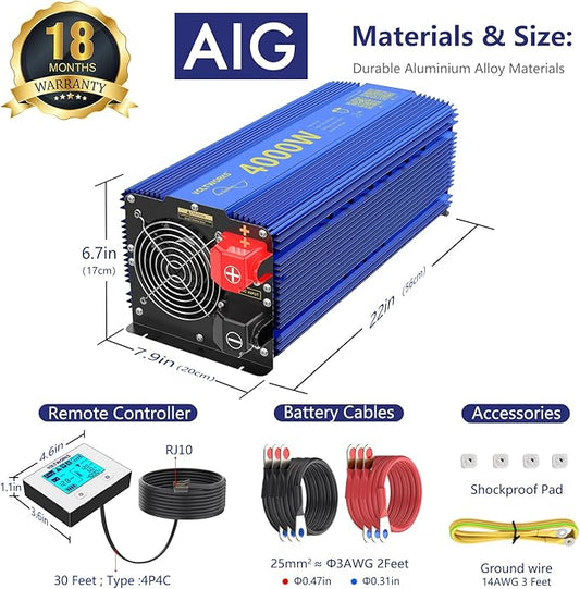 VOLTWORKS 4000W Pure Sine Wave Power Inverters 12V DC to 110V 120V AC with Bluetooth APP 4AC Outlets AC Terminal Blocks Remote Controller Compatible with Lithium Battery for Off-Grid Solar Home RV Car