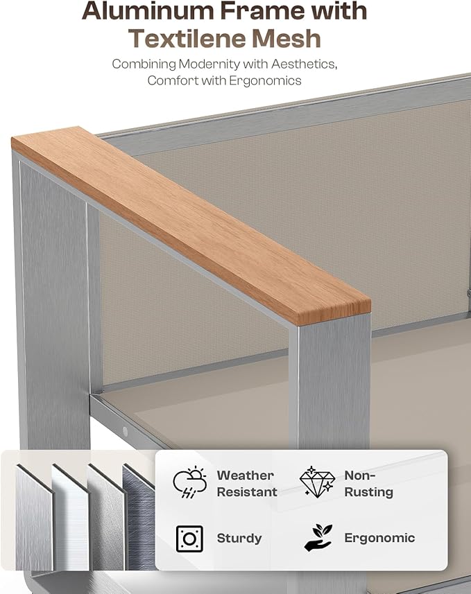 Aluminum Outdoor Patio Furniture,2 Pieces Armchairs, All-Weather Outside Single Sofa for Deck, Porch (Teak-Gray)