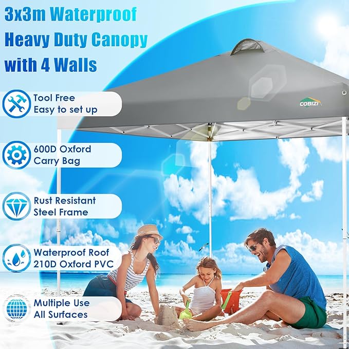 COBIZI Canopy Tent 10x10 Pop Up Outdoor Canopies with 4 Sidewalls Waterproof Commercial Instant Gazebo Tents for Party Patio Backyard with 4 Sandbags, 4 Stakes & 8 Ropes, Grey