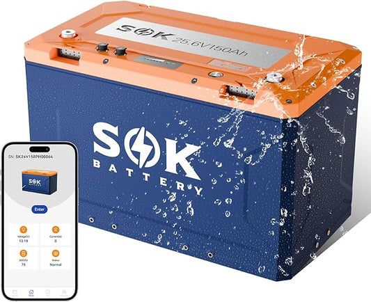 SOK Battery 24V 150Ah Deep Cycle LiFePO4 Battery 8000+ Cycles with Built-in Heater (-4℉/-20℃), Marine Grade IP67 | Bluetooth CAN Communication for Home Backup RV Off-Grid Solar Marine Boat