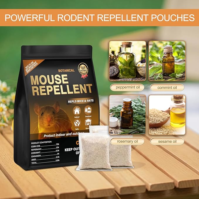 Mouse Repellent Pouches,12 Pack Natural Rodent Repellent for Indoor Use - Keeping Mice Out of Home, Car, Garage & Attic, Safe for Humans and Pets