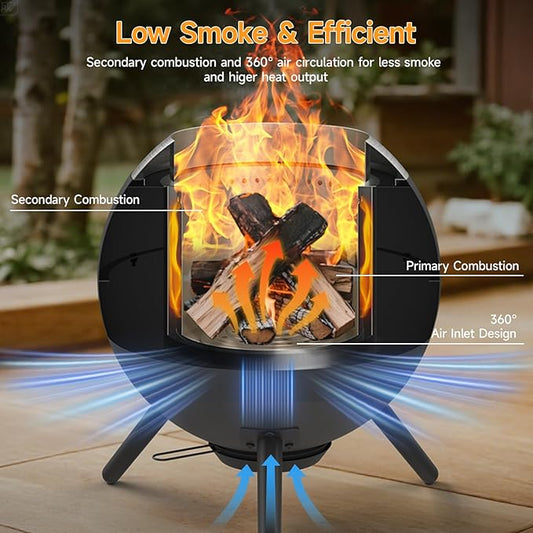 20 Inch Smokeless Firepit, Outdoor Smokeless Fire Pit with Grill, Waterproof Lid and Bag, 2 in 1 Fire Pits for Outside Wood Burning, Stainless Steel Potable Fire Pit for Bonfire, Camping, Picnic
