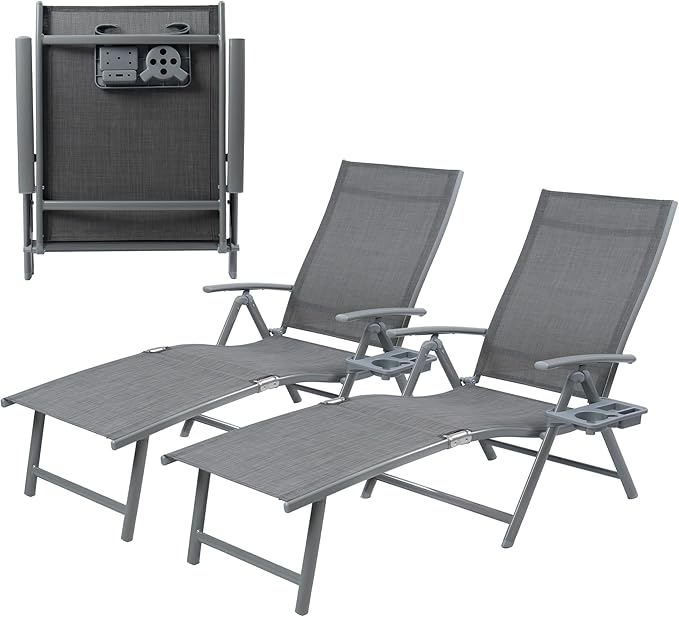 Kozyard Cozy Aluminum Reclining Lounge Chair - Perfect for Beach, Yard, Pool, Deck, and Patio - Outdoor Chaise Lounge with Drink Holder, Weather Free, Adjustable - Assemble-Free (2 Pack, Gray)