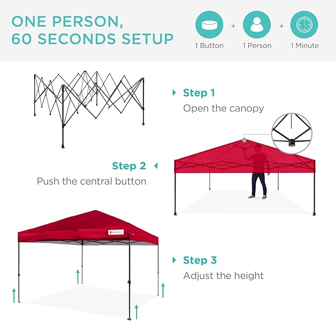 Best Choice Products 8x8ft 1-Person Setup Pop Up Canopy Tent Instant Portable Shelter w/ 1-Button Push, Case, 4 Weight Bags - Red