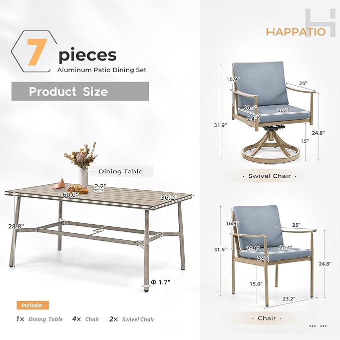HAPPATIO 7-Piece Outdoor Dining Set for 6, Aluminum Patio Dining Set Includes 4 Dining Chairs, 2 Swivel Dining Chairs, and 1 Large Rectangular Table with Umbrella Hole, for Lawn Porch Backyard, Brown