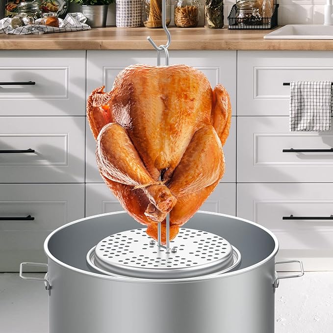 Turkey Chicken Fryer Accessory Kit with Wire Handle Lifter Hook Vertical Roaster Holder Base for Deep Fry Pot Grill BBQ