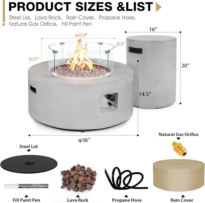 36inch Round Concrete Fire Pit Table with Propane Tank Cover & Wind Guard Shield, 3 Pieces Outdoor Gas Firepit w/Lid, Rain Cover, 50,000 BTU Modren Fire Table for Outside Patio, Backyard