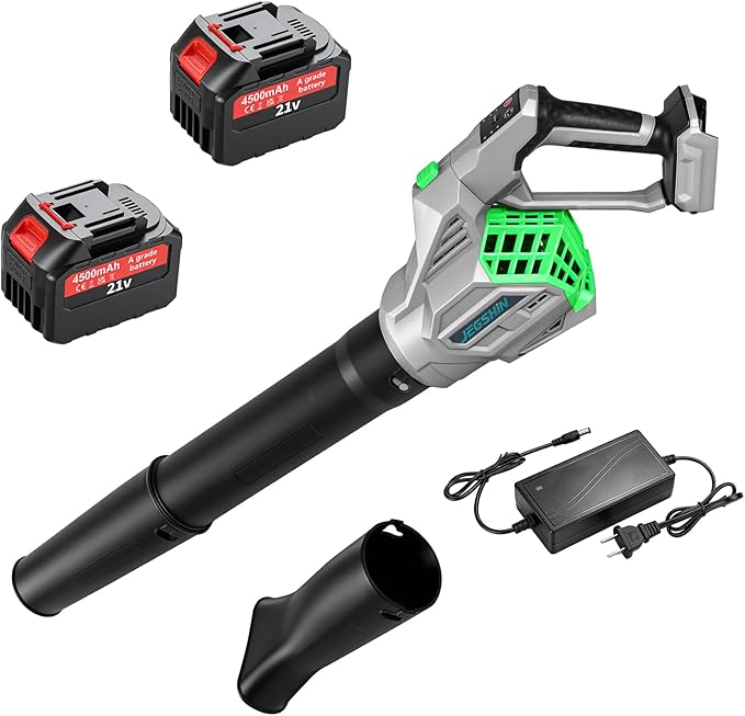 JEGSHIN Leaf Blower Electric Cordless Leaf Blower with 2 * 21V Batteries and Charger, 4 Speed Mode, Lightweight Leaf Blowers for Blowing Leaves, Lawn Care, Patio Cleaning and Dust