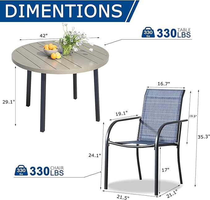 5 Pieces Patio Dining Set for 4, Blue Patio Stackable Chairs and Honey Oak Round Table Set of 4, Outdoor Furniture Set with Sling Support for Outside, Garden