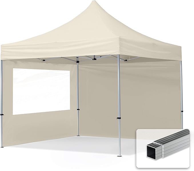 TOOLPORT 10x10 ft PES 700 Pop up Canopy Tent Economy Aluminium 1.3 in., incl. 2 Sidewalls with Panorama Windows, Cream