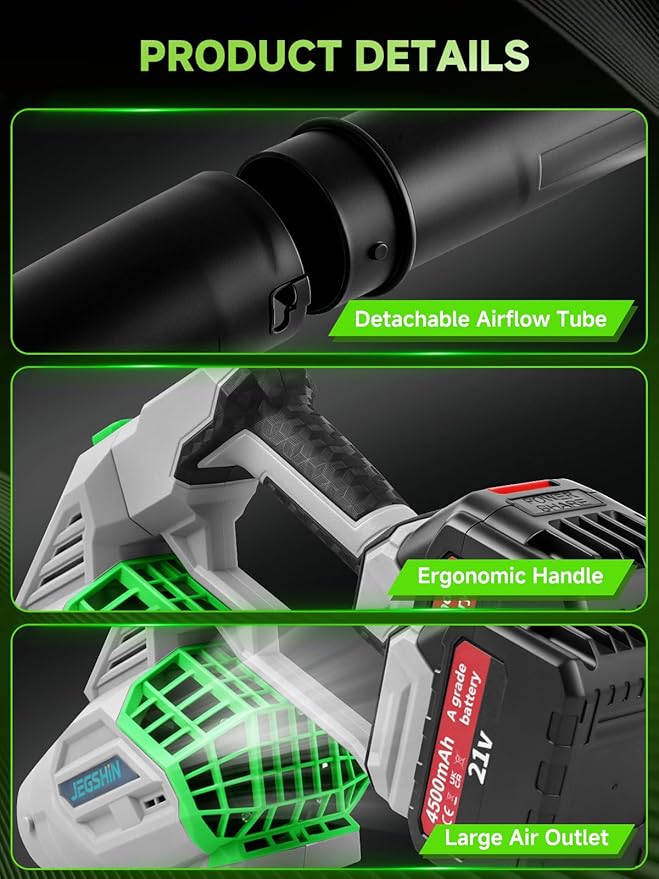 JEGSHIN Leaf Blower Electric Cordless Leaf Blower with 2 * 21V Batteries and Charger, 4 Speed Mode, Lightweight Leaf Blowers for Blowing Leaves, Lawn Care, Patio Cleaning and Dust