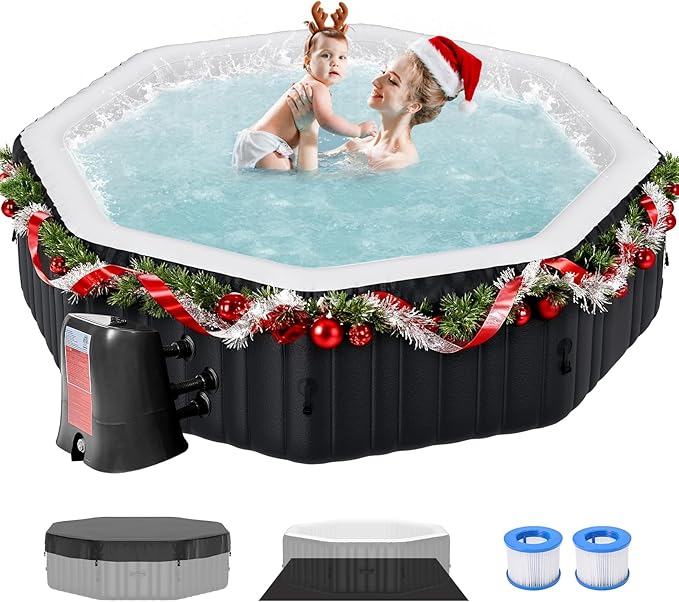 4-6 Person Inflatable Hot Tub, Large Polygon Portable Blow Up Hot Tub, 77” X 25”Leak-Proof PVC Outdoor Spa with 130 Air Jets, Insulated Cover