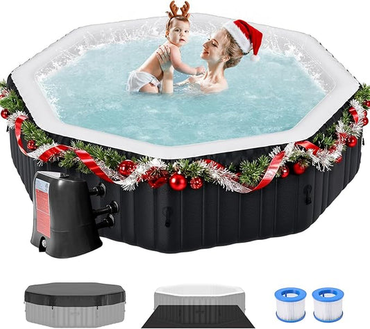 4-6 Person Inflatable Hot Tub, Large Polygon Portable Blow Up Hot Tub, 77” X 25”Leak-Proof PVC Outdoor Spa with 130 Air Jets, Insulated Cover