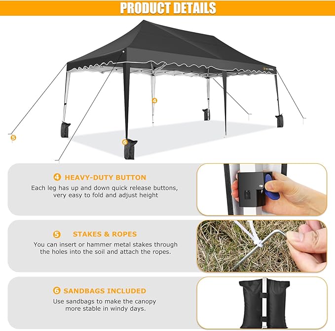 HOTEEL 10x20 Pop Up Canopy, Outdoor Easy Setup Party Tent, Waterproof Portable Enclosed Event Shelter with Wheeled Bag, Weight Bag for Backyard, Vendor, Black