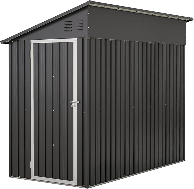 4×8 FT Lean to Metal Shed,Outdoor Heavy-Duty Storage Shed with Floor Base,All Weather Waterproof Garden Tool House W/Lockable Door&2 Air Vent,Reversible Door Design,for Backyard,Patio,Lawn,Black