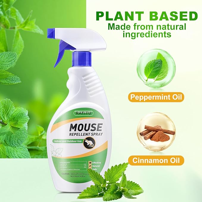 Natural Peppermint Oil Spray for Rodents, Mice Repellent Indoor/Outdoor, Squirrel Repellent Spray Mouse Rats Prevention On Home Car RV Yard Garage Warehouse Attic (16 OZ)