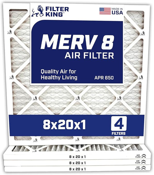Filter King 8x20x1 Air Filter | 4-PACK | MERV 8 HVAC Pleated A/C Furnace Filters | MADE IN USA | Actual Size: 8 x 20 x .75"
