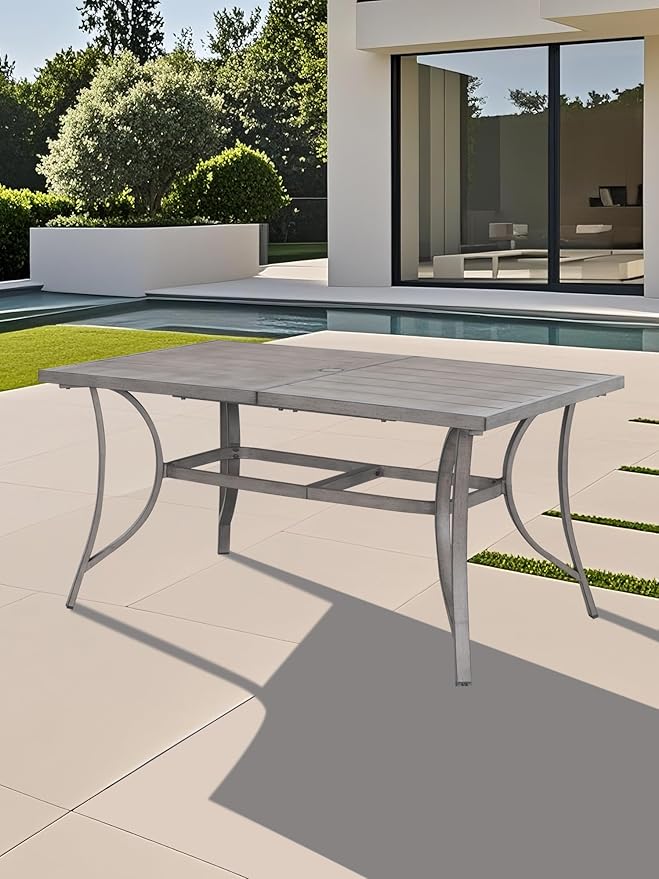 SEEHILL Aluminum Patio Dining Table for 6, Limed Oak Outdoor Rectangle Dining Table with Umbrella Hole, Rustproof 6 Person Outdoor Dining Tables for Backyard, Deck, Garden, Poolside, Porch