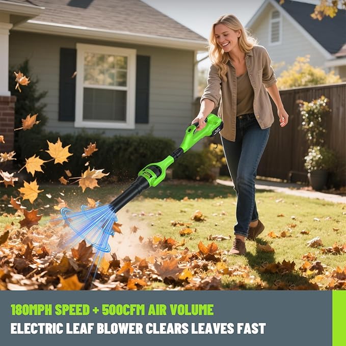Leaf Blower Cordless,21V | 49" Electric Leaf Blower with 2 x 3.0Ah Batteries 3 Speed Modes 500CFM/180MPH Handheld Battery Powered Blower for Lawn Care Yard Patio Dust Snow Car Interior Garage Cleaning