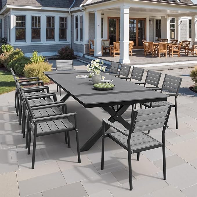Pellebant 118" Outdoor Dining Table for 8-12 Person, Aluminum Patio Dining Table with Umbrella Hole, Waterproof Wood-Like Tabletop for Lawn Garden Backyard, Grey